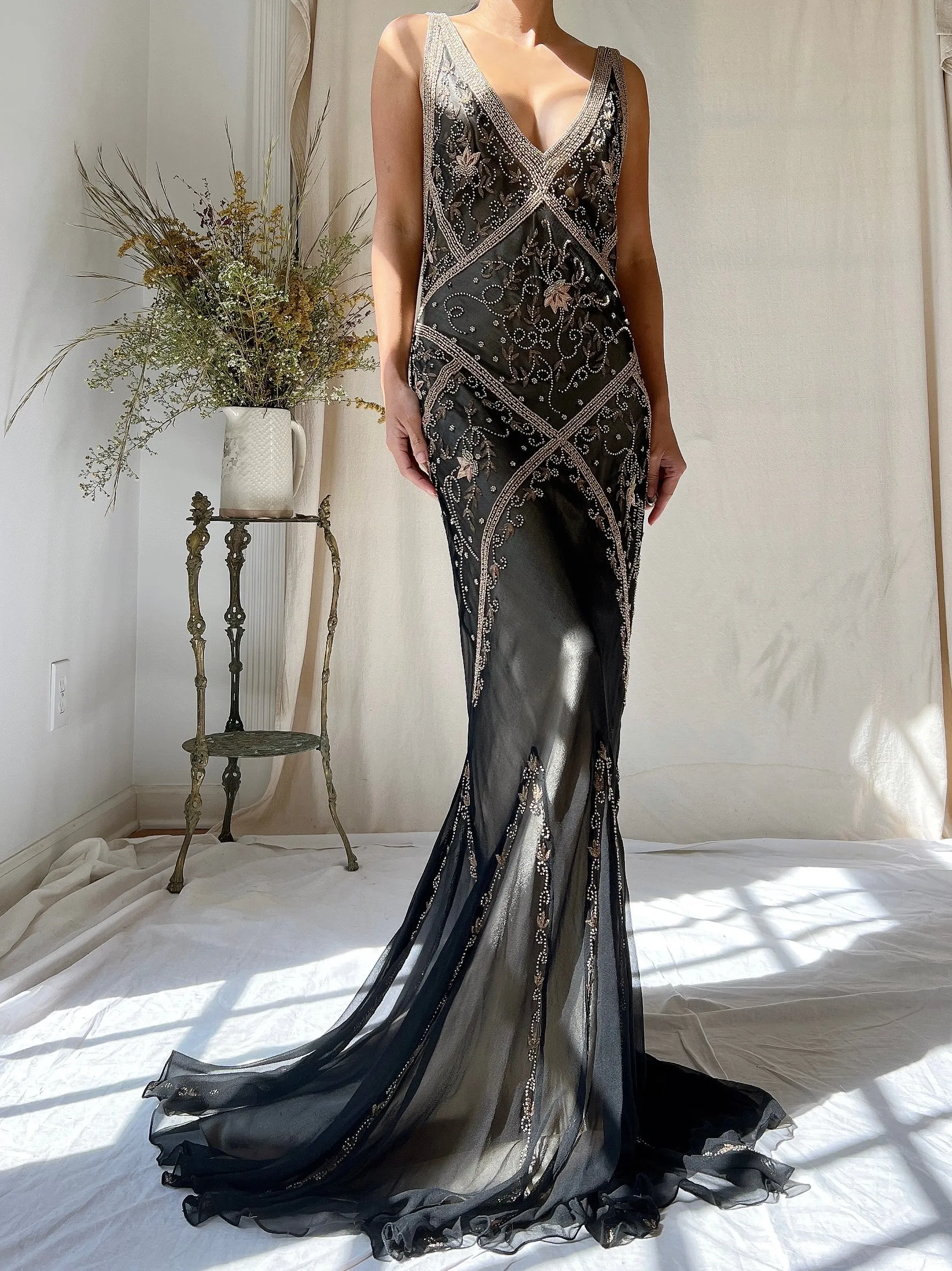 Vintage Silk Beaded Bias Cut Dress - M