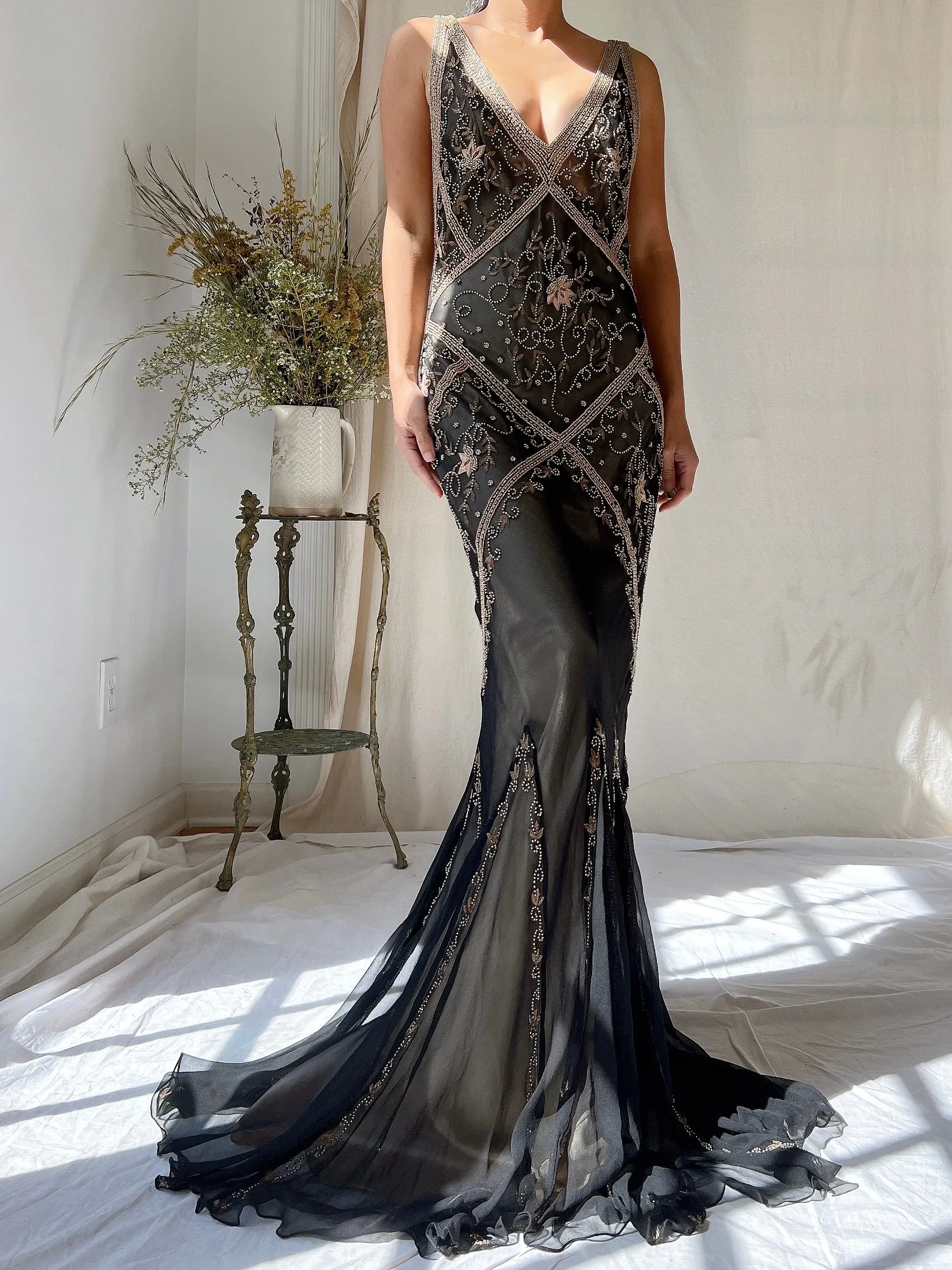 Vintage Silk Beaded Bias Cut Dress - M