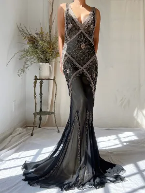 Vintage Silk Beaded Bias Cut Dress - M
