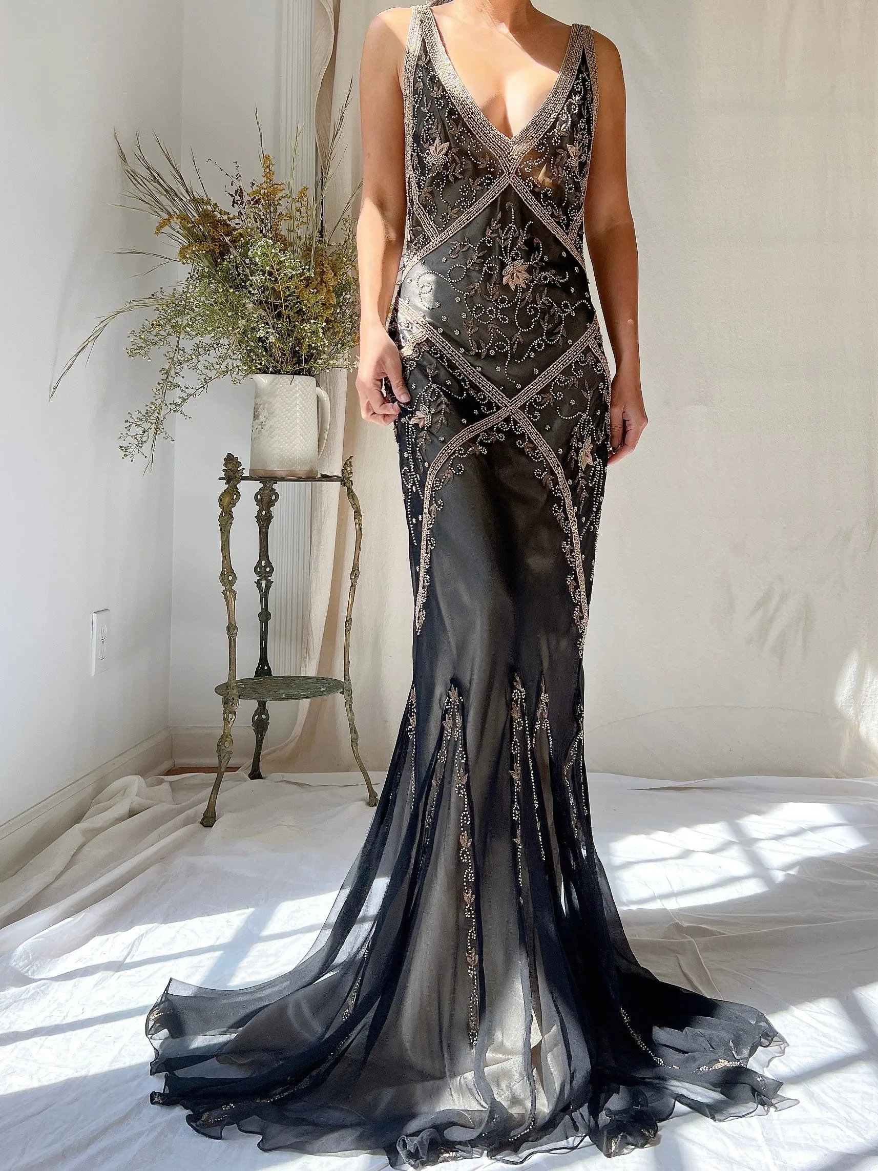 Vintage Silk Beaded Bias Cut Dress - M