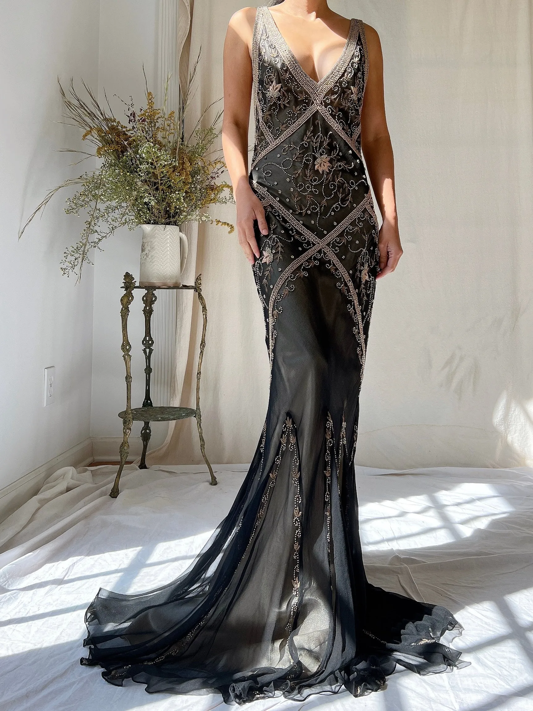 Vintage Silk Beaded Bias Cut Dress - M