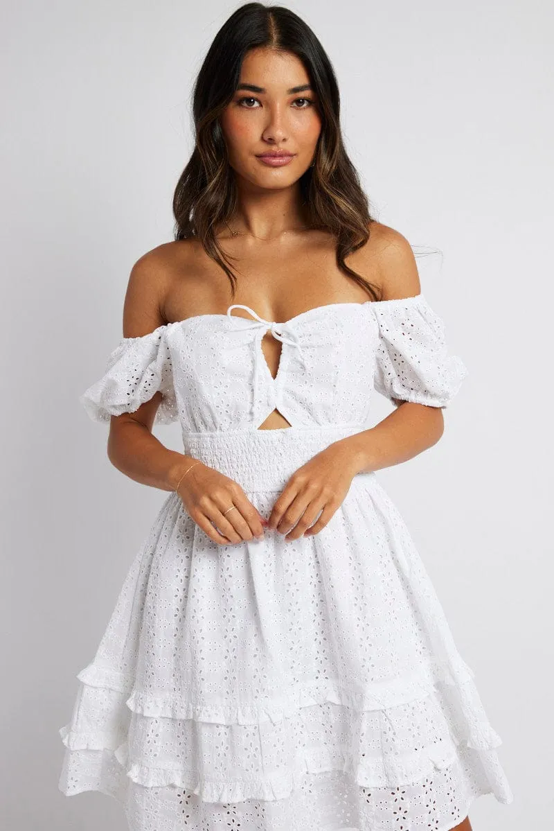 White Fit and Flare Dress Short Sleeve Embroidered