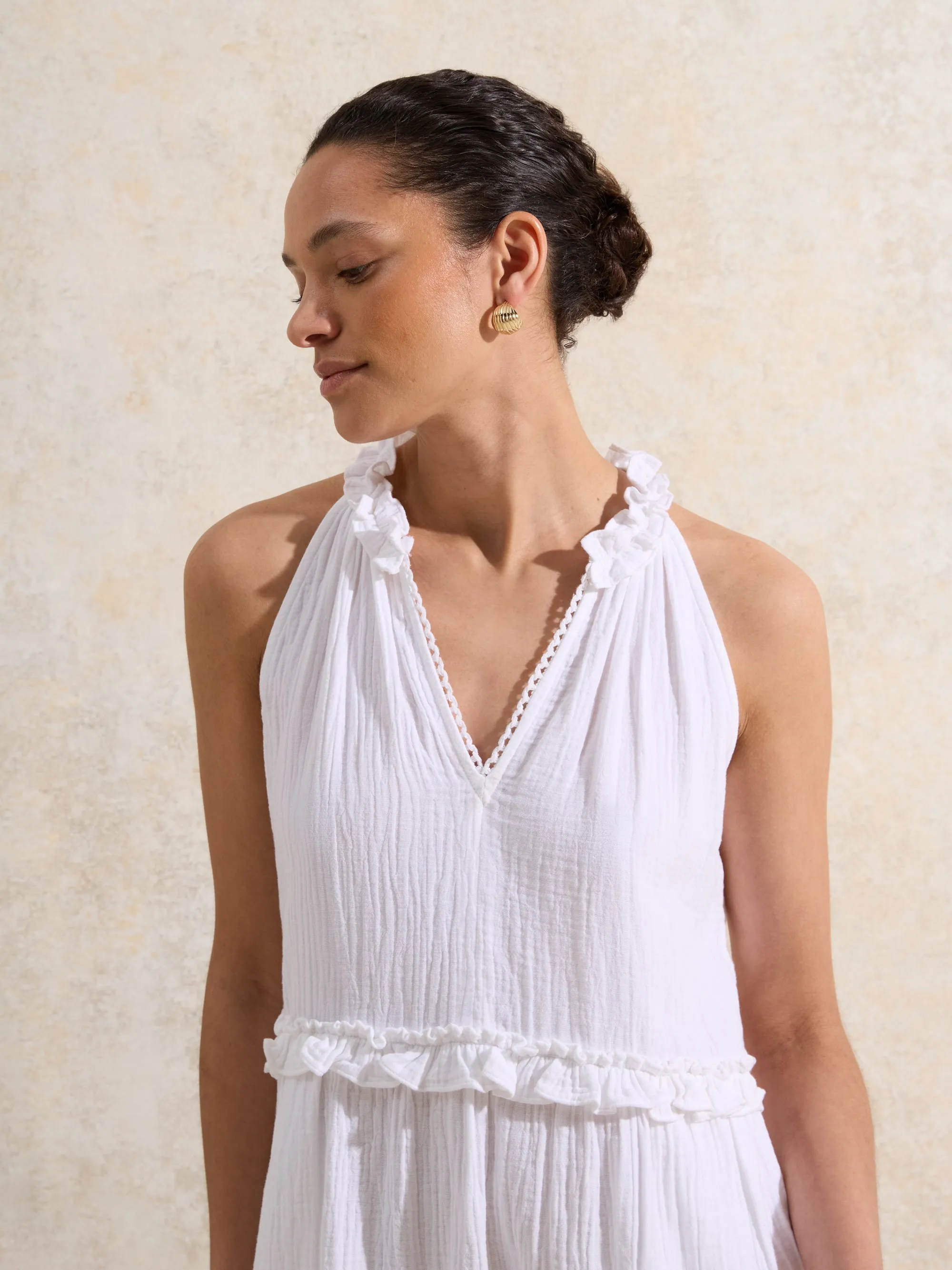White Frill-Detail Halterneck Cheesecloth Mini Dress