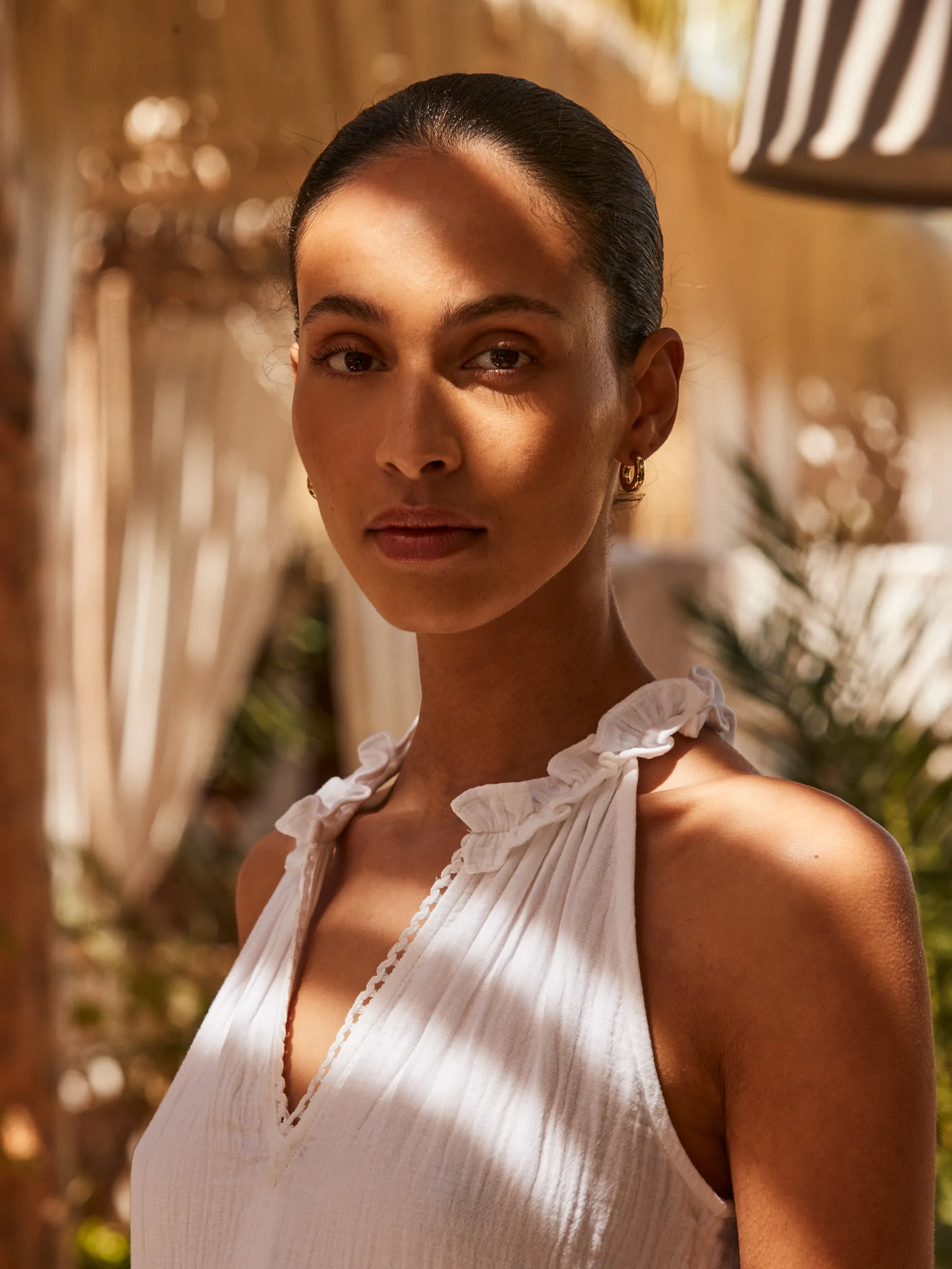 White Frill-Detail Halterneck Cheesecloth Mini Dress
