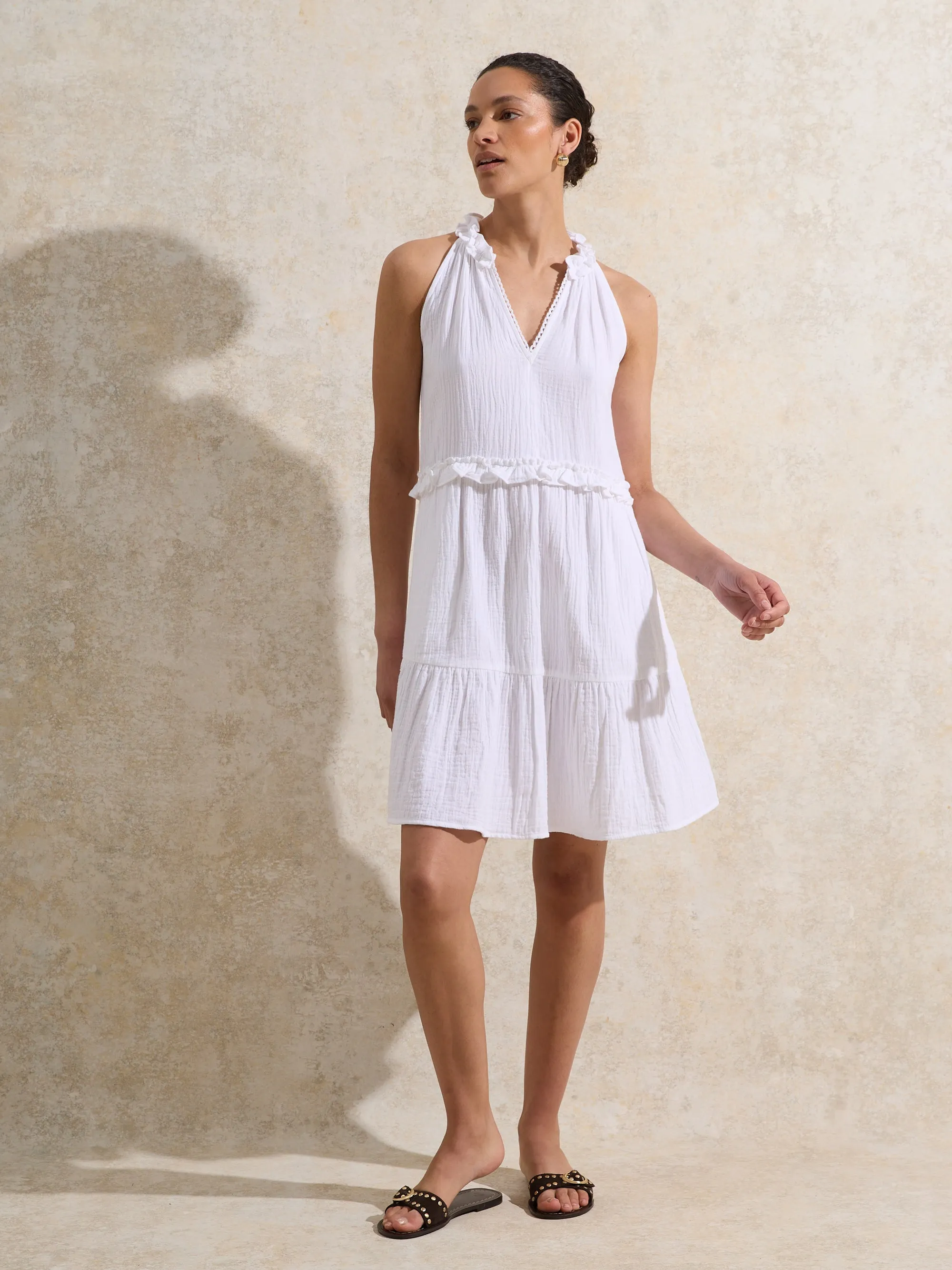 White Frill-Detail Halterneck Cheesecloth Mini Dress