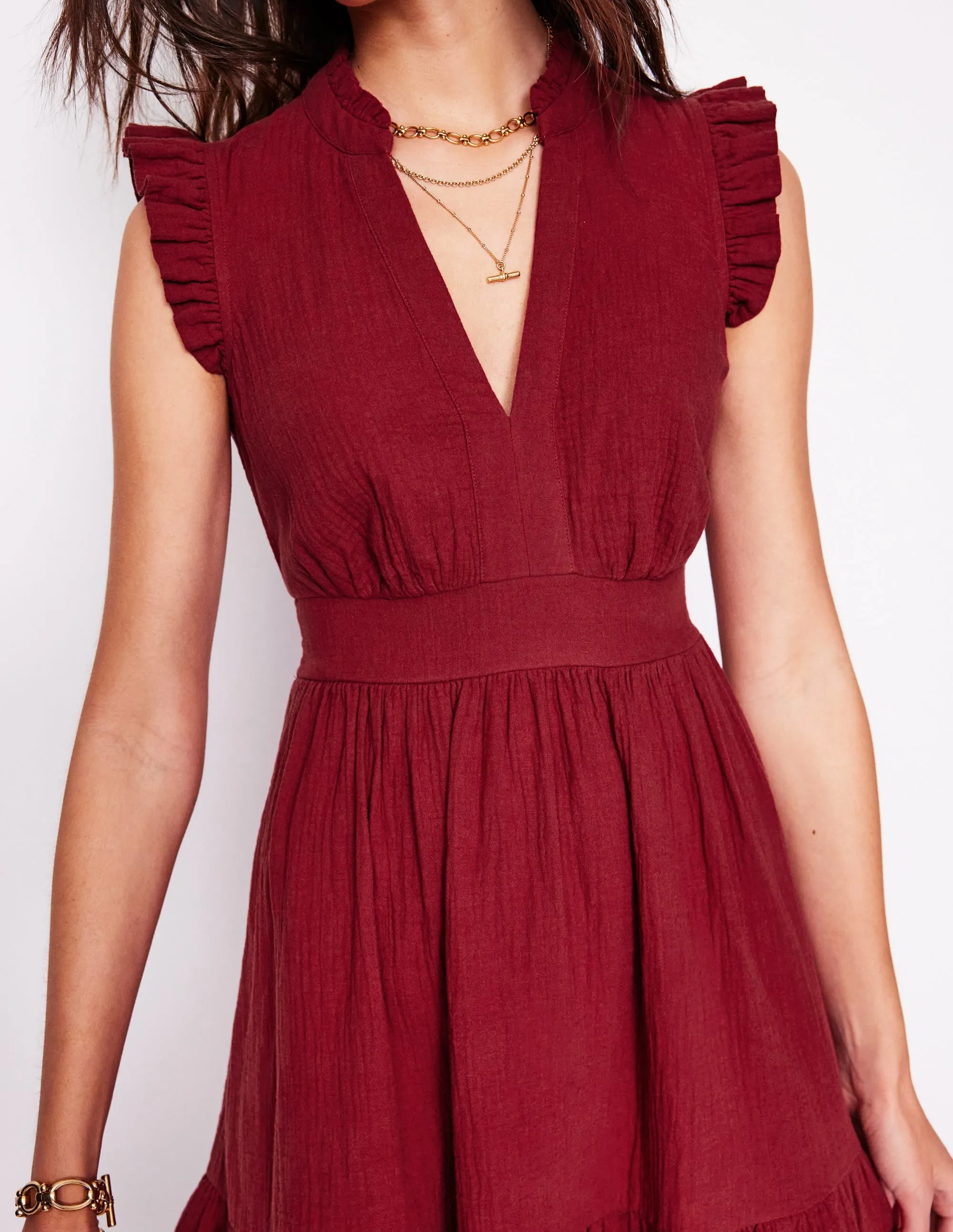 Wren Double Cloth Short Dress-Garnet Red