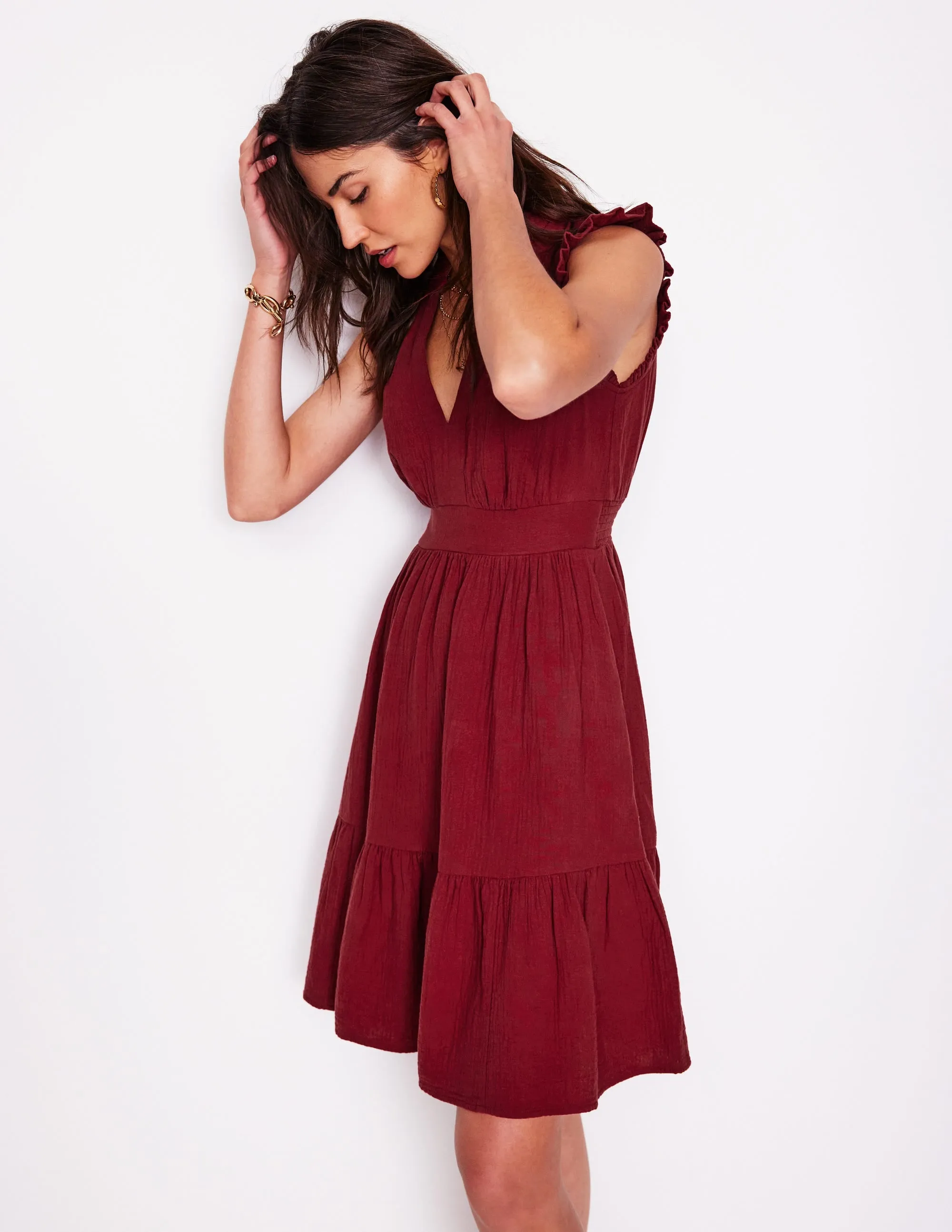 Wren Double Cloth Short Dress-Garnet Red