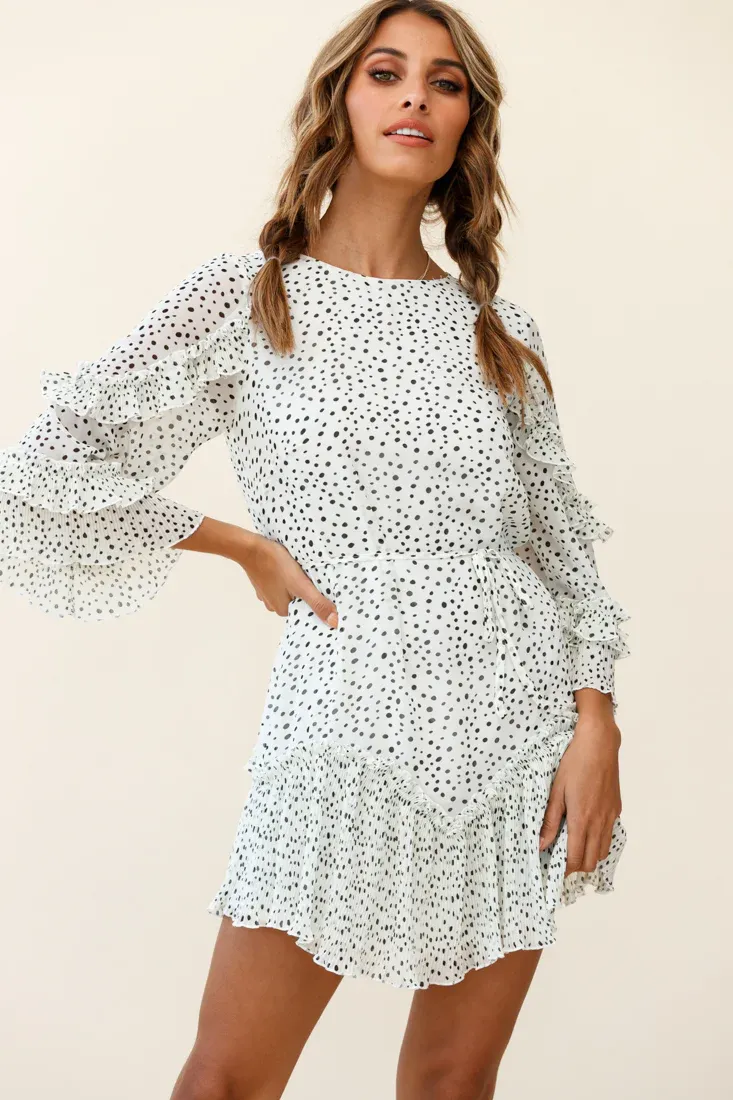 Yours Sincerely Three-Quarter Sleeve Accordion Pleat Dress Speckle Print White